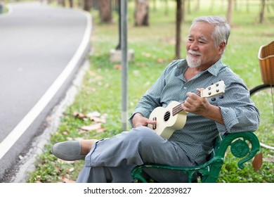 senior man playing ukulele and looking forward in a park - Powered by Shutterstock