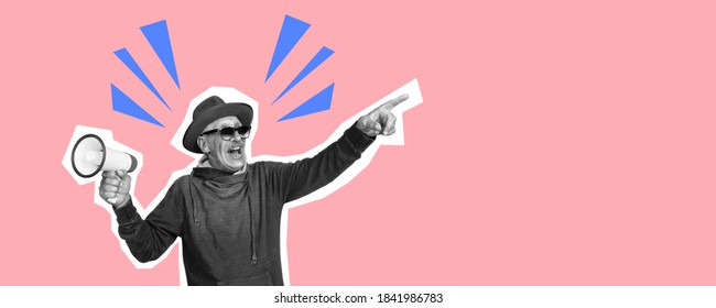 Senior man pointing with megaphone. Collage in magazine style with bright coral pink background. Flyer with trendy colors, copyspace for ad. Discount, sales season, fashion and style concept.