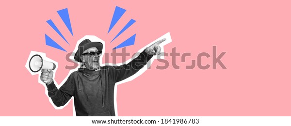 Senior\
man pointing with megaphone. Collage in magazine style with bright\
coral pink background. Flyer with trendy colors, copyspace for ad.\
Discount, sales season, fashion and style\
concept.