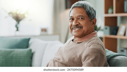 Senior, man and portrait on home sofa, relaxing and calm pensioner in retirement house for rest on weekend break. Living room, smiling and couch or peace with elderly person in lounge with confidence - Powered by Shutterstock