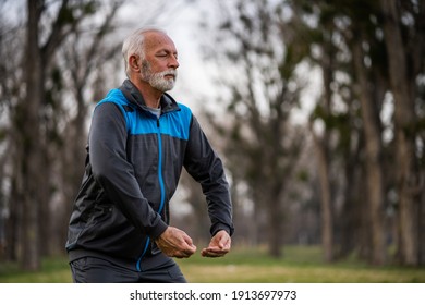 Senior Man Is Practicing Tai Chi Exercise In Park.