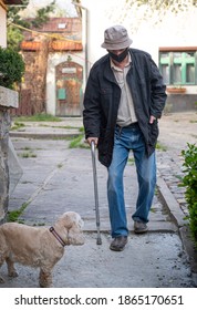 Senior Man In Protective Mask With A Cane Walking With A Dog In Sunny Day