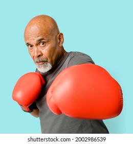 Senior Man With Red Boxing Gloves Mockup