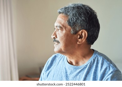 Senior man, reflection and window in bedroom, thinking and remember with idea, insight or nostalgia in house. Elderly person, memory or perspective with smile, inspiration and wake up in nursing home - Powered by Shutterstock