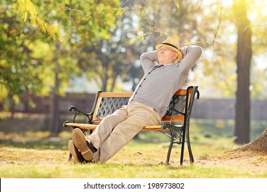 Senior Man Relaxing In Park On A Sunny Day Seated On A Wooden Bench