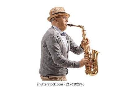 Senior Man Saxophone Player Isolated On White Background