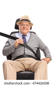 Senior Man Sitting On A Car Seat And Fastening His Seatbelt Isolated On White Background