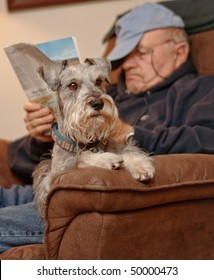 Senior Man Sitting, Reading And Relaxing With His Best Friend, A Dog.