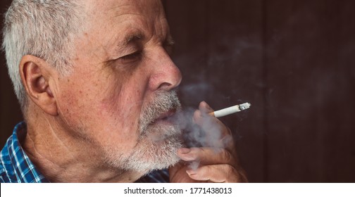 Senior Man Smoking Cigarette Outside, The Cigarette Addiction, Unhealthy Concept, Bad Habit