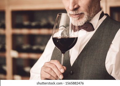 Senior man sommelier standing near cabinet holding glass smelling red wine close-up concentrated