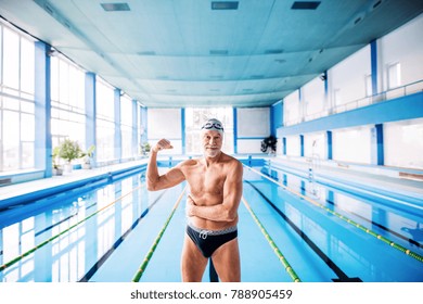 Senior Man Standing By The Indoor Swimming Pool.