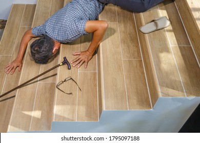 Senior Man With Stick Falling Down Stair