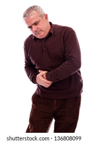 Senior Man Suffering From Abdominal Pain Isolated On White Background