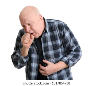 Senior Man Suffering From Cough On White Background