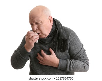 Senior Man Suffering From Cough On White Background