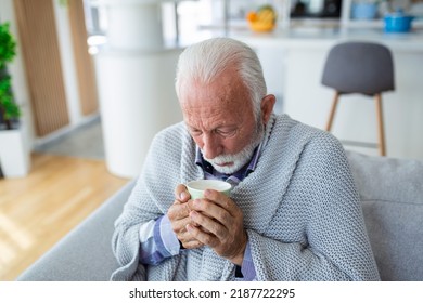 Senior Man Suffering From Flu Drinking Tea While Sitting Wrapped In A Blanket On The Sofa At Home. Sick Older Man With Headache Sitting Under The Blanket . Man With A Cold Lying On The Sofa 