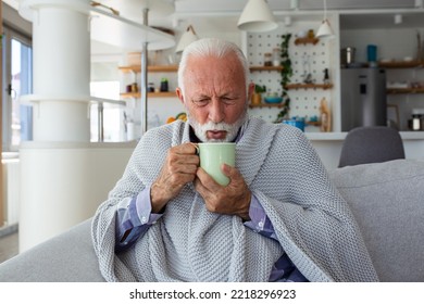 Senior Man Suffering From Flu Drinking Tea While Sitting Wrapped In A Blanket On The Sofa At Home. Sick Older Man With Headache Sitting Under The Blanket In The Living Room. 