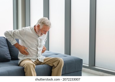 Senior Man Suffering Stomach Ache Sitting On A Couch In The Living Room, Mature Man Holding His Stomach In Pain