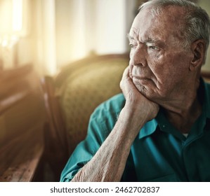 Senior, man and thinking with depression for memory in retirement home with remember, nostalgia or reflection on sofa. Elderly, person and sad with alzheimers, grief and thoughtful on couch or mockup