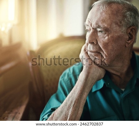 Senior, man and thinking with depression for memory in retirement home with remember, nostalgia or reflection on sofa. Elderly, person and sad with alzheimers, grief and thoughtful on couch or mockup
