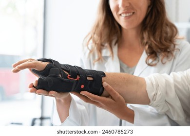 Senior man with trying on an orthopedic wrist brace - Powered by Shutterstock