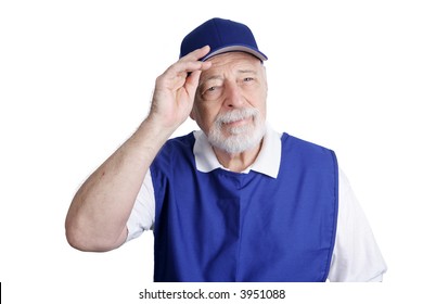 A Senior Man Unable To Retire Is Working As A Greeter In A Discount Store.  Isolated On White.