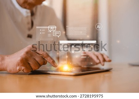 Senior man using digital tablet learning or working with ai icon representing elderly and technology lifestyle, using artificial intelligence by older people