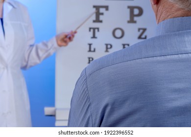 Senior man view from the back against a visual test background with letters and ophthalmologist in blur. Concept of appointment at the clinic. Selected focus