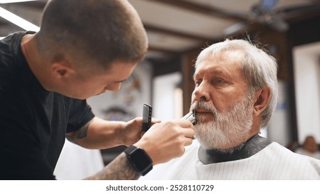 Senior man visiting barber shop. Male barber with tattooed arm carefully trimming beard, using electric clipper and comb. Concept of male beauty, barbershop, hairstyle, salon, hairdresser - Powered by Shutterstock