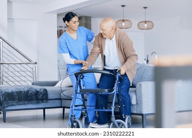 Senior man with walker, woman caregiver and retirement, health with help and support in nursing home. Happy people, female nurse and male person with disability, physical therapy and rehabilitation - Powered by Shutterstock