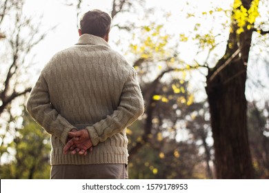 Senior Man Walking And Relaxing In Park. Walking Away, Relaxing, Rear View