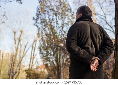 Senior Man Walking And Relaxing In Park. Walking Away, Relaxing, Rear View