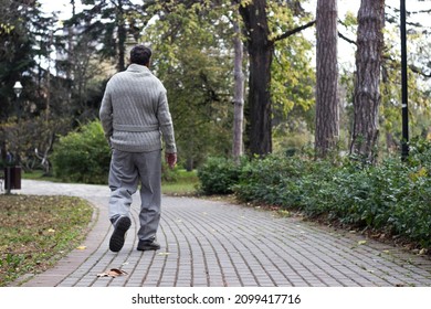 Senior Man Walking And Relaxing In Park. Walking Away, Relaxing, Rear View