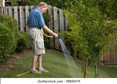 A Senior Man Watering The Lawn.