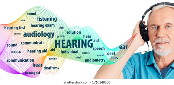 Senior Man Wearing Headphones Having Hearing Test. Audiometry, Hearing Exam And Hearing Treatment Elderly Patient.