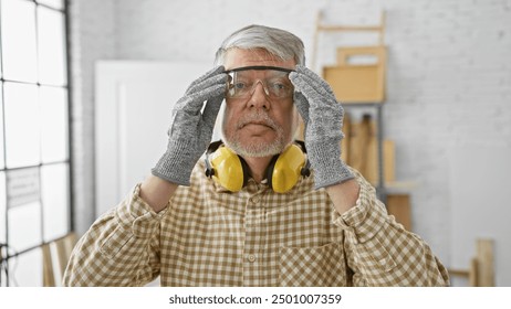 Senior man wearing safety goggles and ear protection in a woodworking workshop. - Powered by Shutterstock