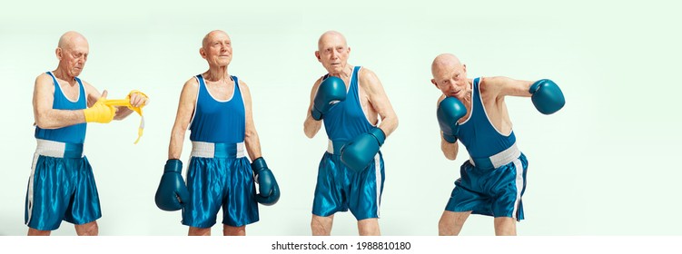 Senior man wearing sportwear boxing isolated on white studio background. Concept of sport, activity, movement, wellbeing. Copyspace, ad. Training, practicing, attack development. - Powered by Shutterstock