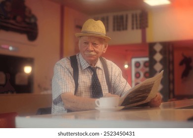 Senior man wearing straw hat and checking newspaper at cafe counter, immersed in cozy cafe setting with soft lighting and warm colors, creating inviting atmosphere ideal for relaxation and enjoyment - Powered by Shutterstock