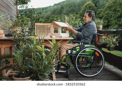 Senior Man In Wheelchair Constructing Birdhouse Outdoors On Terrace, Diy Project.