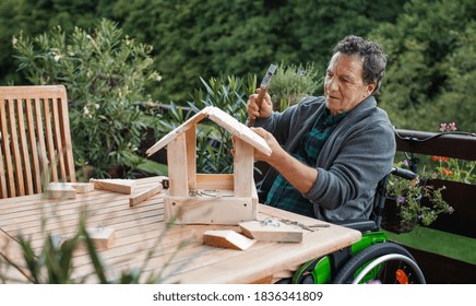 Senior Man In Wheelchair Constructing Birdhouse Outdoors On Terrace, Diy Project.