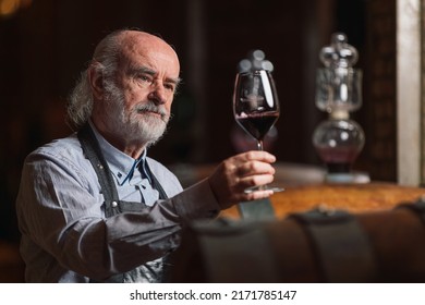 Senior man winemaker at winery checking barrels in wine cellar.
