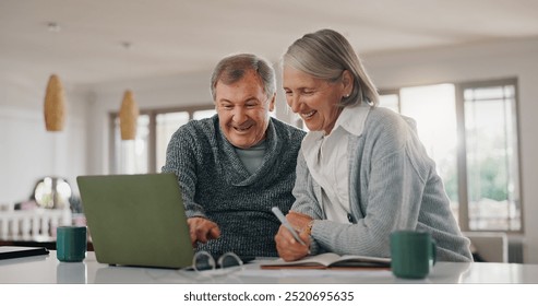 Senior man, woman and laptop with paperwork, writing and happy with profit, investment and retirement. Elderly people, couple and computer with documents for pension, review and financial freedom - Powered by Shutterstock