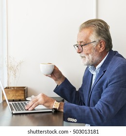 Senior Man Working Coffee Shop Relaxation Concept