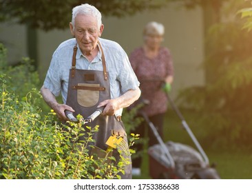 Senior man working in garden, trimming hedge with scissors while woman mowing lawn in background - Powered by Shutterstock