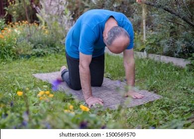 Senior Man Working Out, Yoga, Pilates, Fitness Training, Bend In Cat Yoga Pose, Marjaryasana At Garden Outdoor.