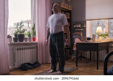 Senior Man Working Out, Yoga In Basic Standing Asana Tadasana, Mountain Posture