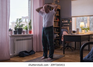 Senior Man Working Out, Yoga In Basic Standing Asana Tadasana, Mountain Posture