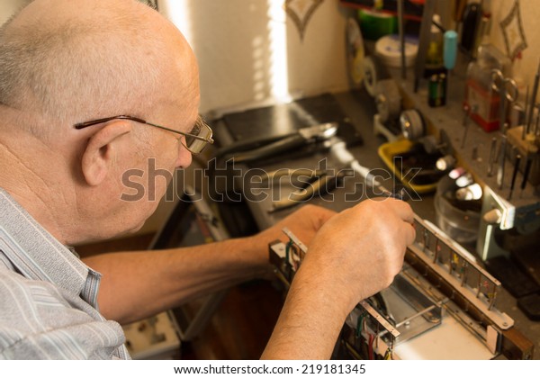 Senior Man Working Small Bench Saw Stock Photo Edit Now 219181345