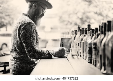 Senior Man Writing Working Liquor Alchohol Bar Concept