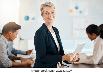 Senior Manager, Business Woman And Tablet Research Of An Office Leader Happy With Work Team. Portrait Of A Ceo And Digital Analytics Worker Proud Of Teamwork Innovation And Company Growth With Tech